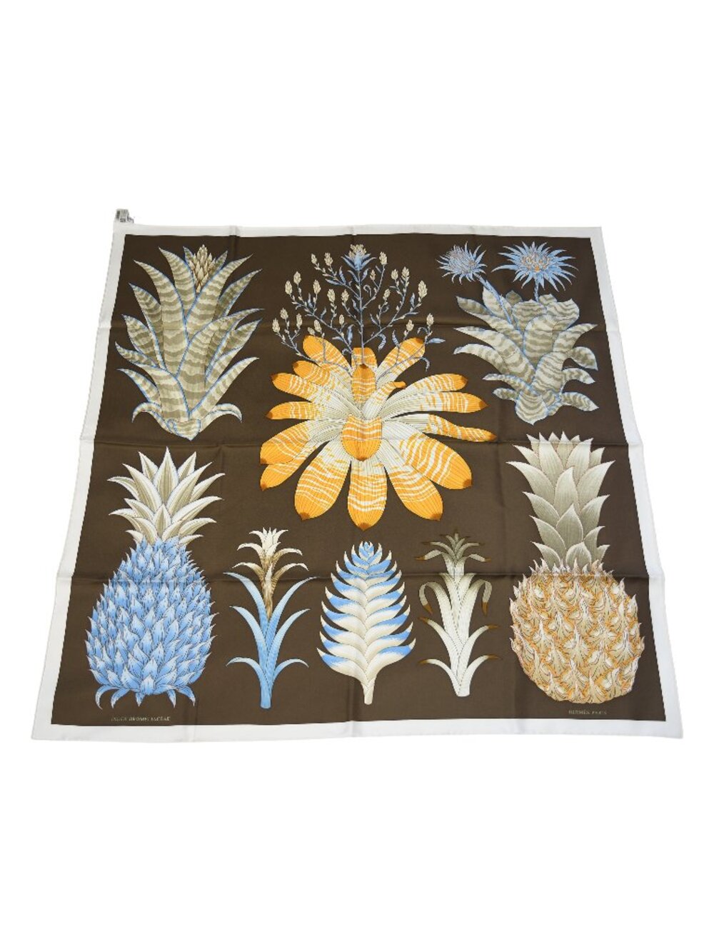 Hermes Index Bromeliaceae Silk Square Scarf 90 Brown Blue Yellow